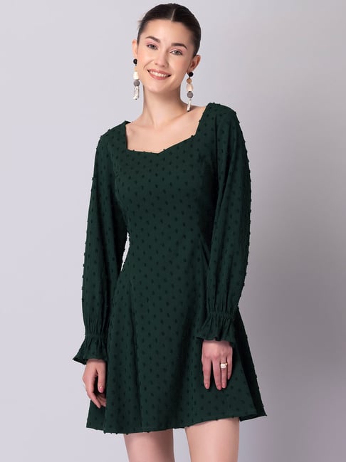 FabAlley Dark Green Self Design Dress