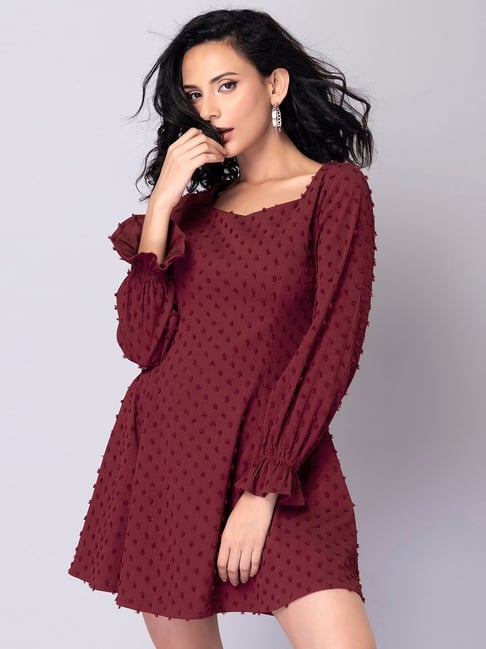 FabAlley Maroon Self Design Dress Price in India
