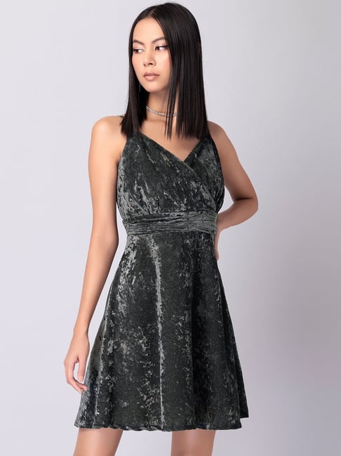 FabAlley Grey Velvet Strappy Flared Dress Price in India
