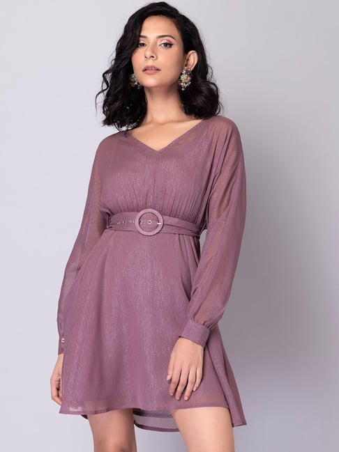 FabAlley Dusty Pink Buckle Belted Skater Dress Price in India