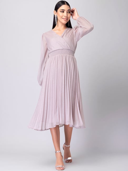FabAlley Light Pink Smocked Pleated Wrap Midi Dress Price in India