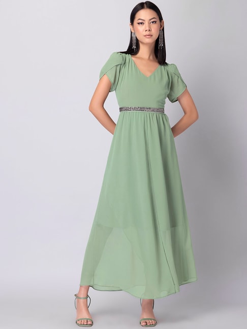 FabAlley Sage Green Tulip Sleeve Gown With Embellished Belt Price in India
