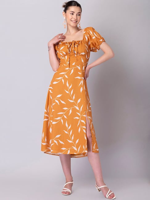 FabAlley Mustard Yellow Printed Front Slit Midi Dress Price in India