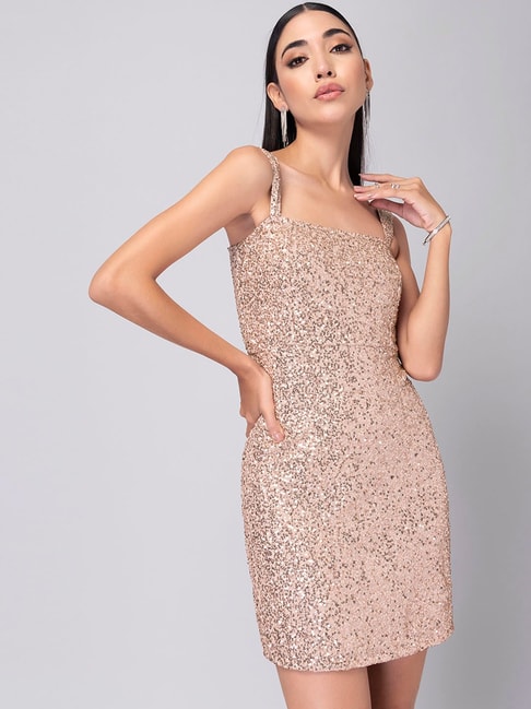 FabAlley Beige Sequin Bodycon Dress Price in India