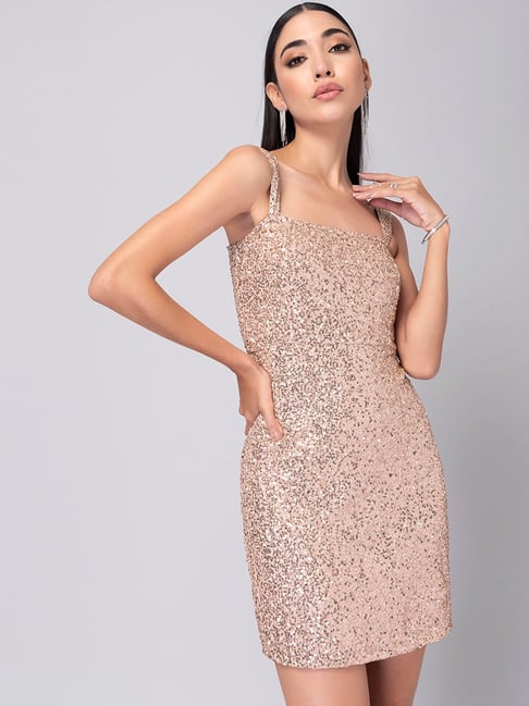 FabAlley Beige Sequin Bodycon Dress Price in India