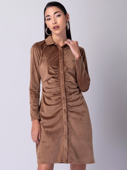 Buy FabAlley Light Brown Velvet Ruched Shirt Dress for Women