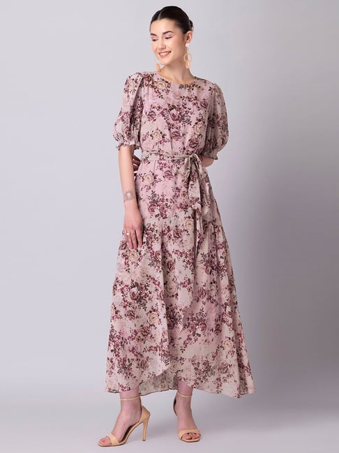 FabAlley Pink Floral Print Ruffled Belted Gown Price in India