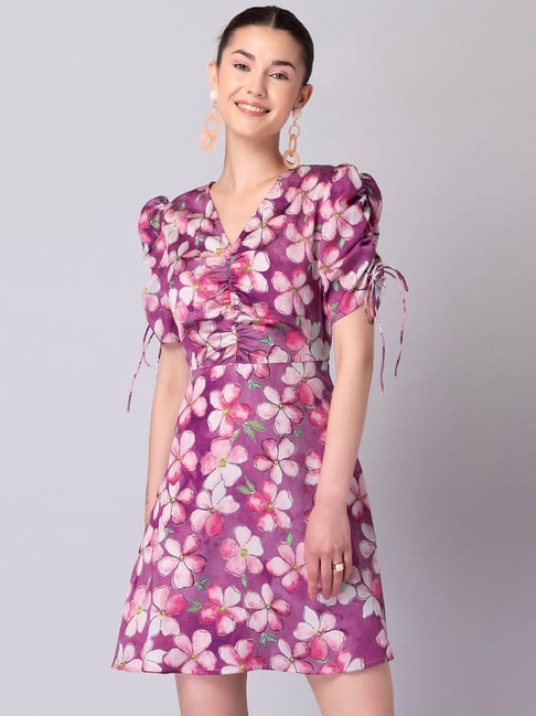 FabAlley Purple Satin Floral Print Ruched Sleeve Dress Price in India
