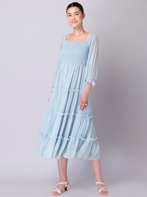 FabAlley Powder Blue Smocked Tiered Midi Dress Price in India