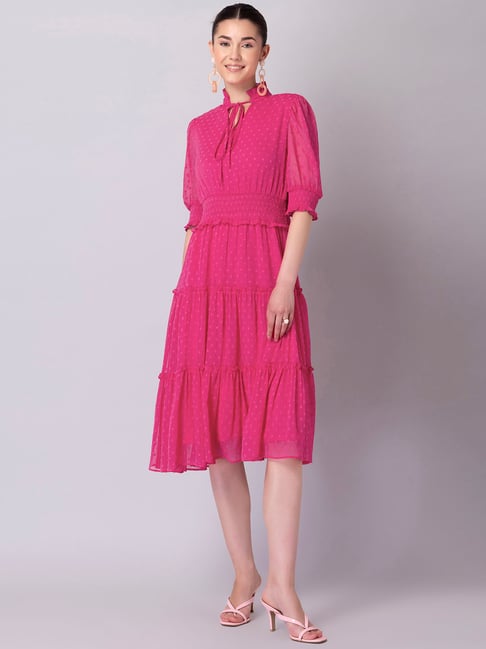 FabAlley Hot Pink Ruched Front Tie Up Tiered Fit & Flare Dress Price in India