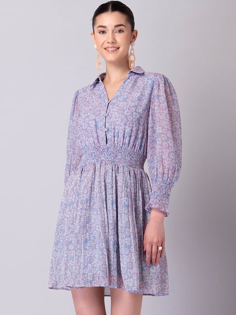 FabAlley Blue Floral Print  Pleated Shirt Dress Price in India