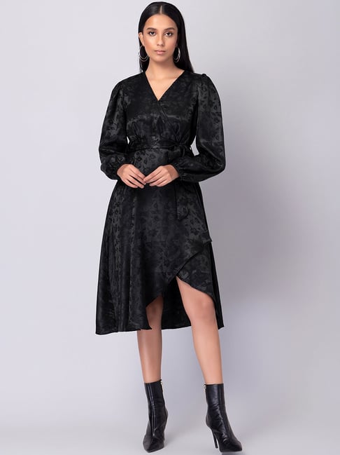 FabAlley Black Satin Wrap Midi Dress With Belt Price in India