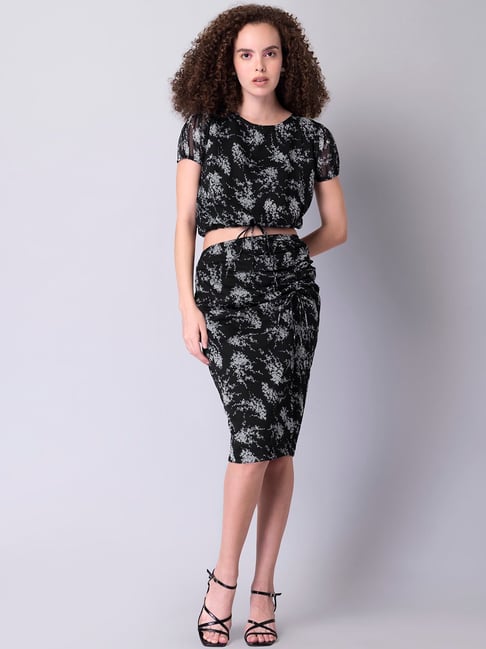 FabAlley Black Floral Print Tie Up Top With Midi Skirt Set