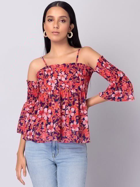 Buy FabAlley Red Navy Floral Print Smocked Cold Shoulder Peplum