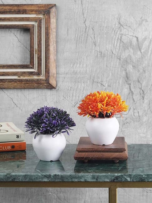 Foliyaj Purple & Orange Plastic Artificial Mini Bush With Leaves - Set of 2-picture-10