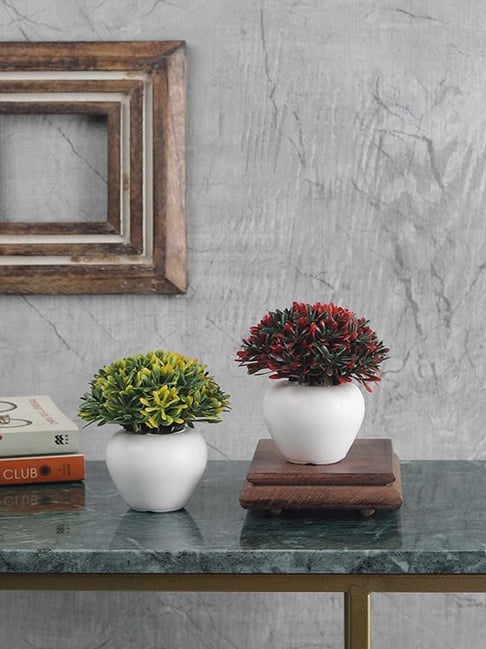 Foliyaj Green & Red Plastic Artificial Mini Bush With Leaves - Set of 2-picture-18