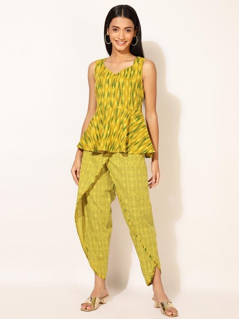 Yellow Kurti & Multicolor Printed Dhoti Pants with Scarf | NY BlendIn