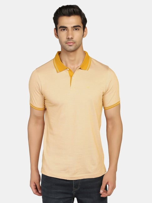 Blackberrys Yellow Cotton Slim Fit Self Pattern Polo T-Shirts