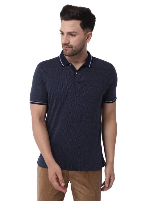 Blackberrys Navy Blue Cotton Slim Fit Printed Polo T-Shirts