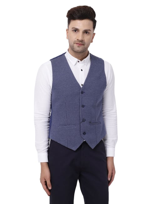 Blackberrys Navy Blue Slim Fit Printed Waistcoat