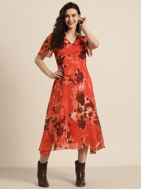 Qurvii Red Printed Fit & Flare Dress Price in India