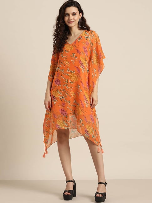 Qurvii Orange Floral Print Kaftan Dress Price in India