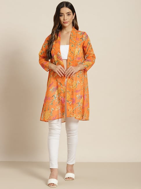 Qurvii Orange Floral Print Shrug