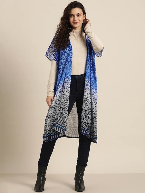 Qurvii Blue Printed Long Shrug