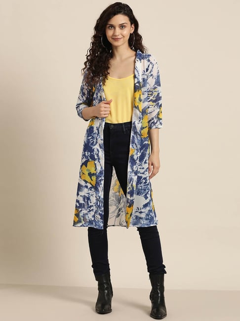 Qurvii Navy & Yellow Floral Print Long Shrug