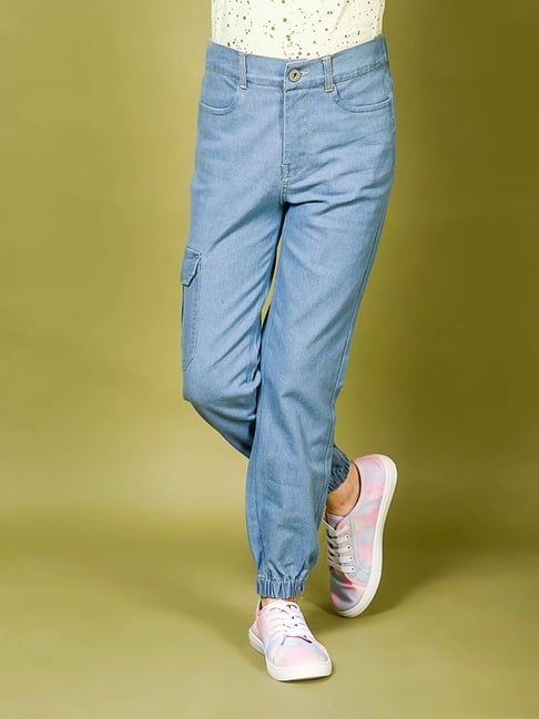 Women's Blue Solid Joggers Jeans