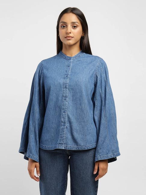 Chambray Puff Sleeve Blouse Mid Denim | FWP by Rae