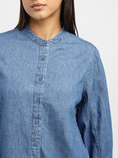 BOSS - Collarless relaxed-fit blouse in organic cotton