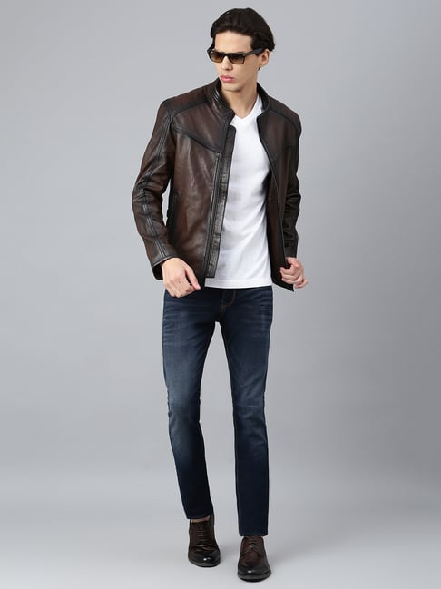 Buy Woods Brown Regular Fit Mock Collar Leather Biker Jacket for