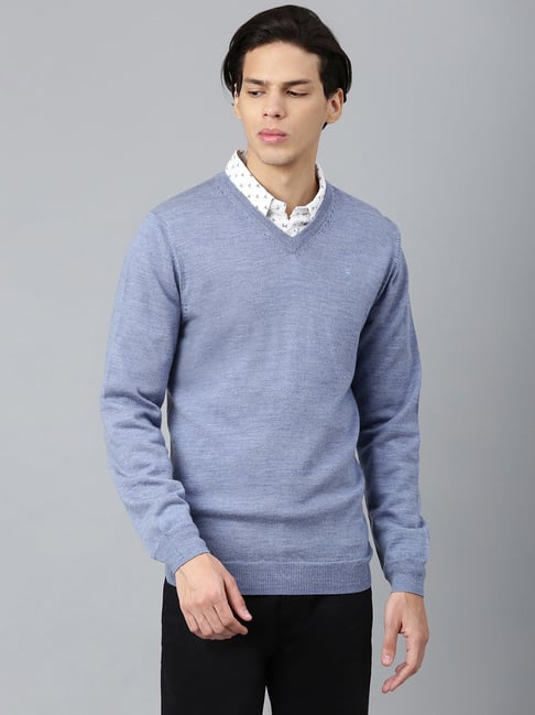 Buy Woods Sky Blue Regular Fit V Neck Sweater for Men's Online