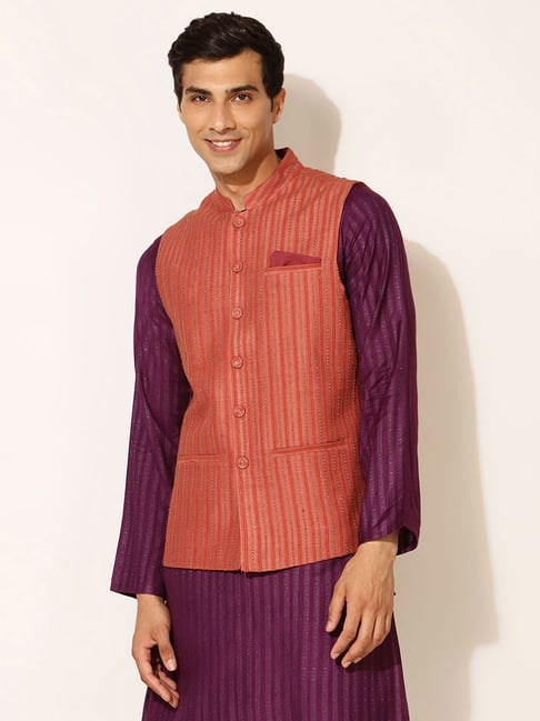 Buy Fabindia Orange Regular Fit Embroidered Nehru Jackets for Mens