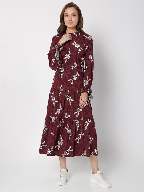 Vero Moda Maroon Printed Midi A-line Dress