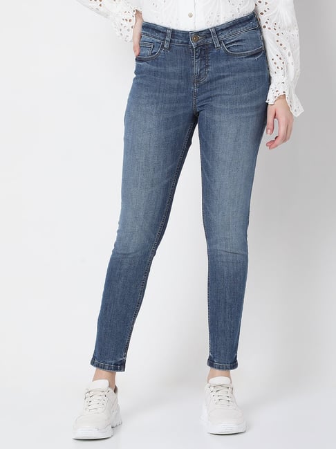 Vero Moda Blue Cotton Skinny Fit Mid Rise Jeans