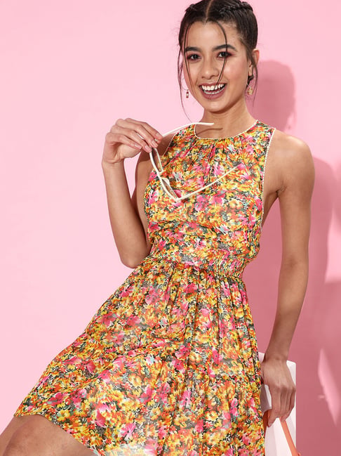 Women's Floral Tier Midi Dress with String Tie Ups- Multi – Stylestone