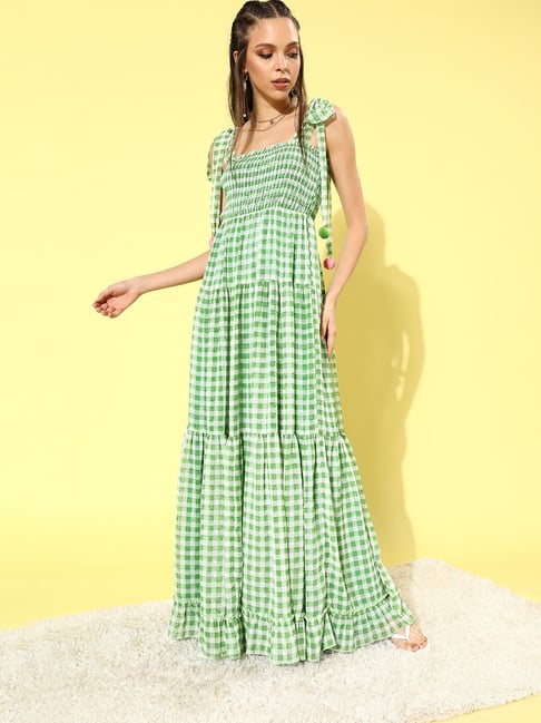 QUIERO Green Checks Fit & Flare Dress Price in India
