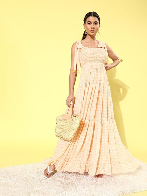 QUIERO Peach Checks Fit & Flare Dress Price in India