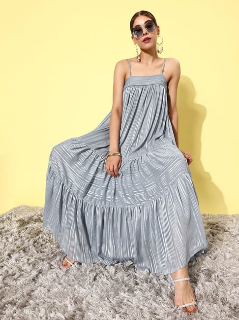 QUIERO Grey Striped Fit & Flare Dress Price in India