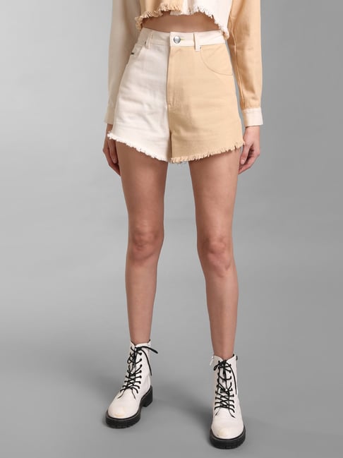 High waist denim shorts - Beige