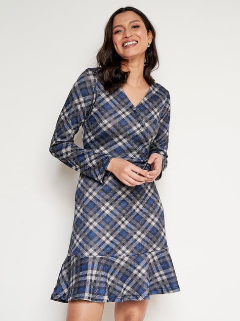 AND Blue & Grey Check A Line Dress Price in India