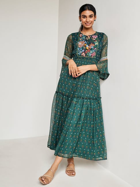 Global Desi Dark Green Floral Print Gown Price in India