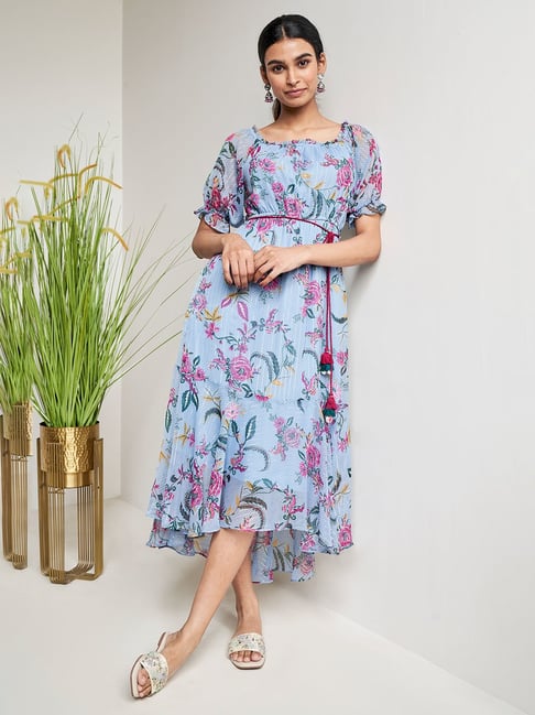 Global Desi Blue Floral Print Fit & Flare Dress Price in India