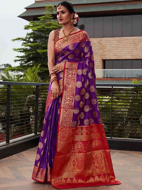 ZOL - She flaunts in our pure chiffon gold strip purple pink saree 💥💓💗💖  Our straight cut Black Blouse with a zipper behind gives a deep look. Model  : @gayathrieshankar Shot by : @