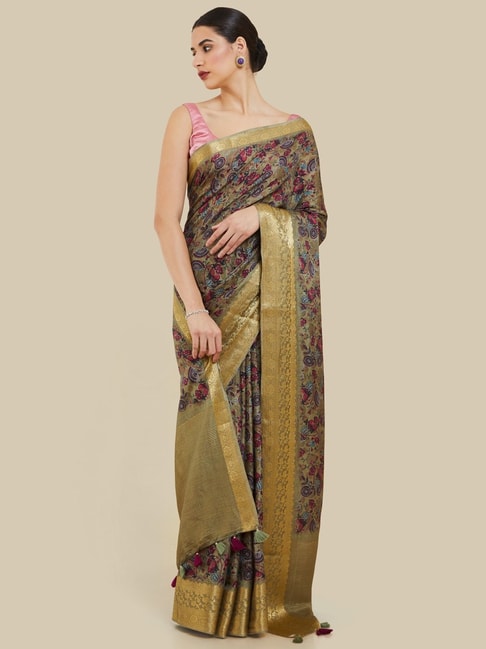 Soch Olive Green Silk Woven Saree With Unstitched Blouse Price in India