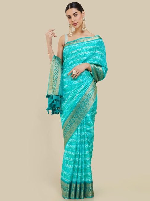 Soch Turquoise Blue Silk Printed Saree With Unstitched Blouse Price in India