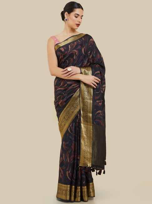 Soch Black Silk Floral Print Saree With Unstitched Blouse Price in India