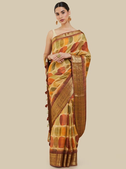 Soch Mustard Silk Printed Saree With Unstitched Blouse Price in India